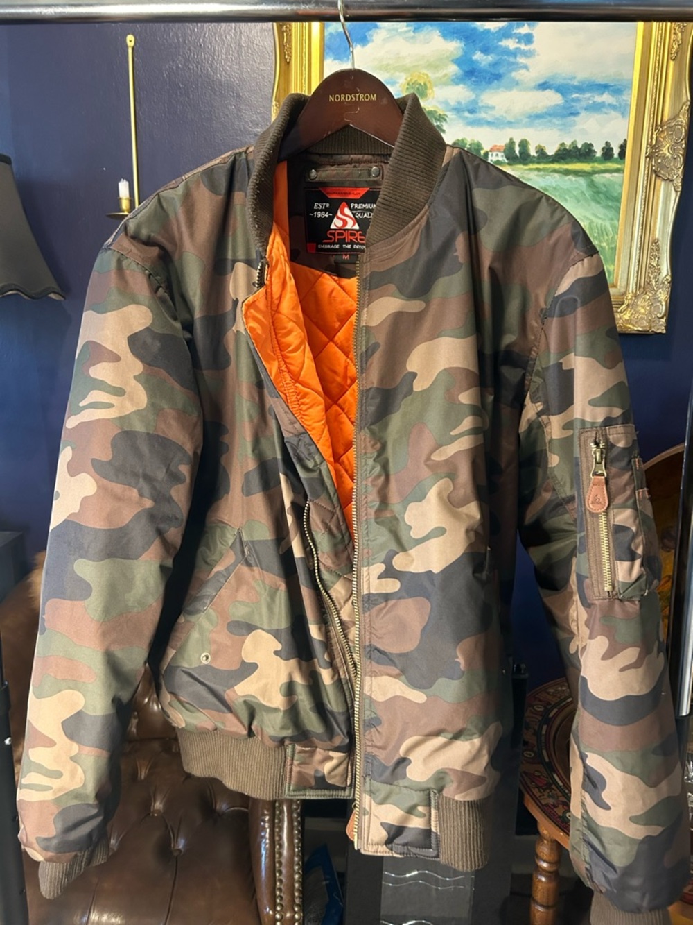 SPRE Bomber Jacket - Camouflage Green with Orange Lining